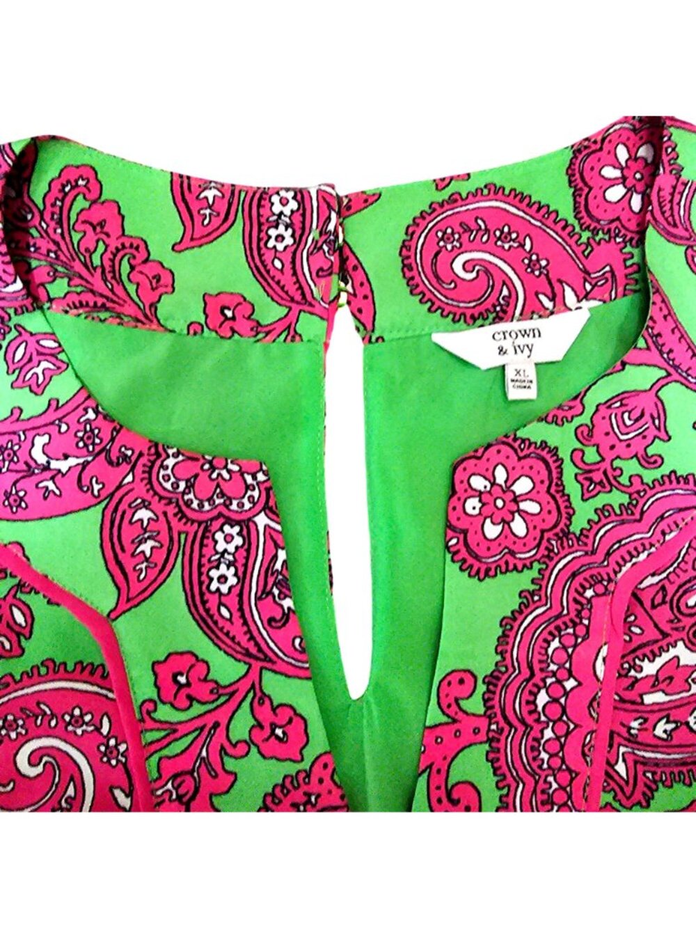 Crown & Ivy XL Sleeveless Green Dress With Pink Paisley Print & Keyhole Neckline - Picture 7 of 12
